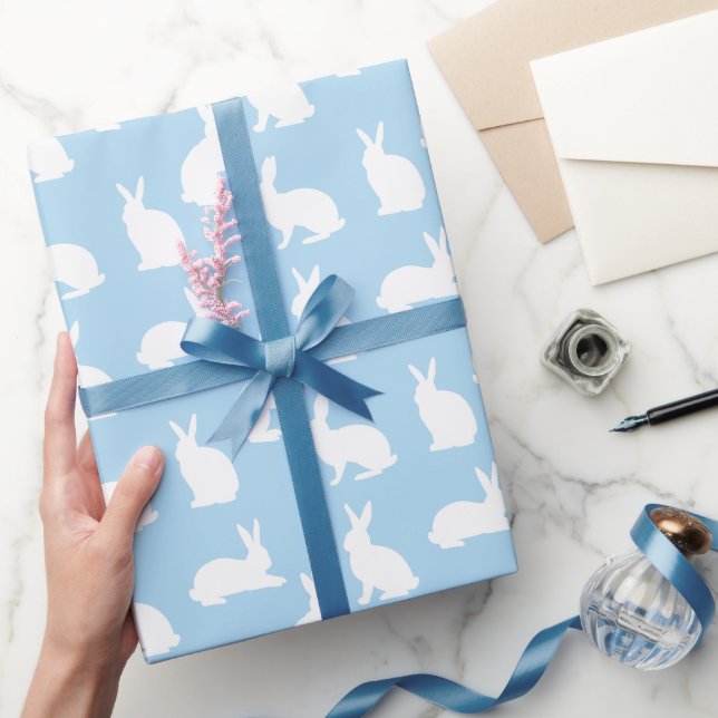 Pastel Blue With White Bunny Pattern Cute Easter Wrapping Paper (Gifting)