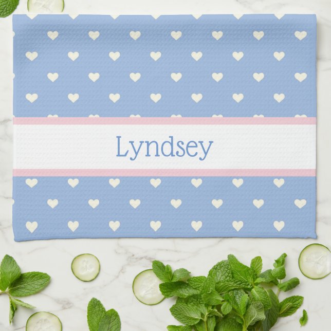 Pastel Blue with White Hearts Personalised Tea Towel (Folded)