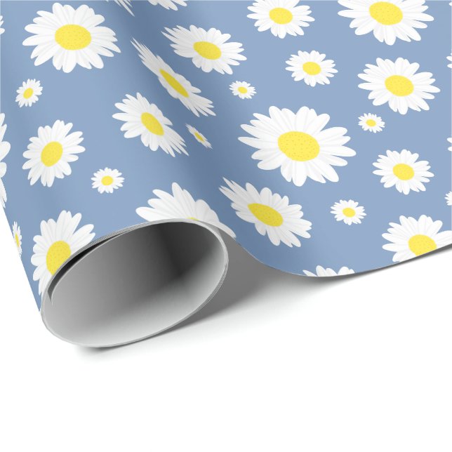 Pastel Blue with Yellow White Daisy Flower Pattern Wrapping Paper (Roll Corner)