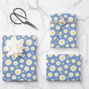 Pastel Blue with Yellow White Daisy Flower Pattern Wrapping Paper Sheet