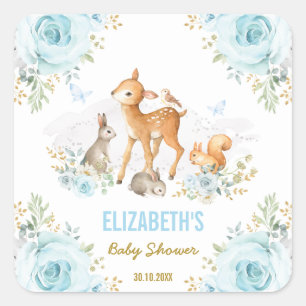 Pastel Blue Woodland Animals Baby Shower Favours Square Sticker