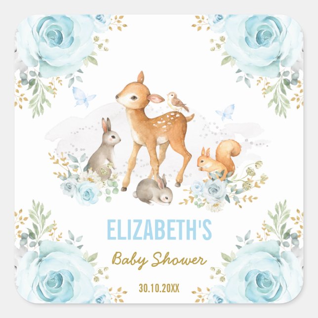 Pastel Blue Woodland Animals Baby Shower Favours Square Sticker (Front)
