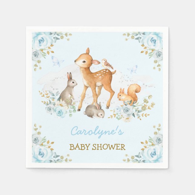 Pastel Blue Woodland Forest Animals Floral Shower Napkin (Front)