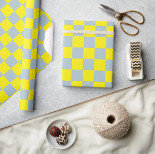 Pastel Blue Yellow Chequered Chequerboard Vintage Wrapping Paper