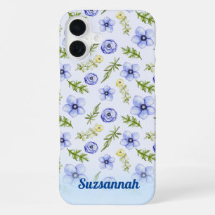 Pastel Blue Yellow Floral Greenery Pattern Custom iPhone 16 Plus Case