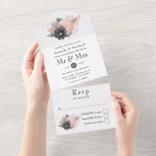Pastel Blush and Charcoal Floral Rustic Wedding Al All In One Invitation