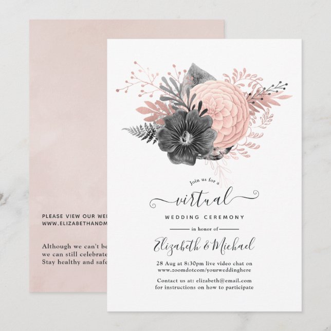 Pastel Blush and Charcoal Floral Virtual Wedding Invitation (Front/Back)