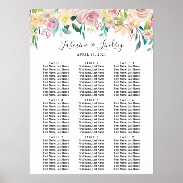 Pastel Blush Floral 9 Tables Wedding Seating Chart (Front)