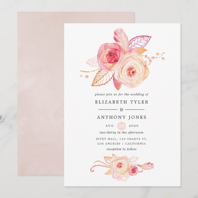 Pastel Blush Floral and Lace Wedding Invitation (Front/Back)