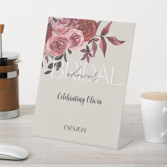 PASTEL BLUSH FLORAL BURGUNDY BRIDAL SHOWER  PEDESTAL SIGN (In SItu)