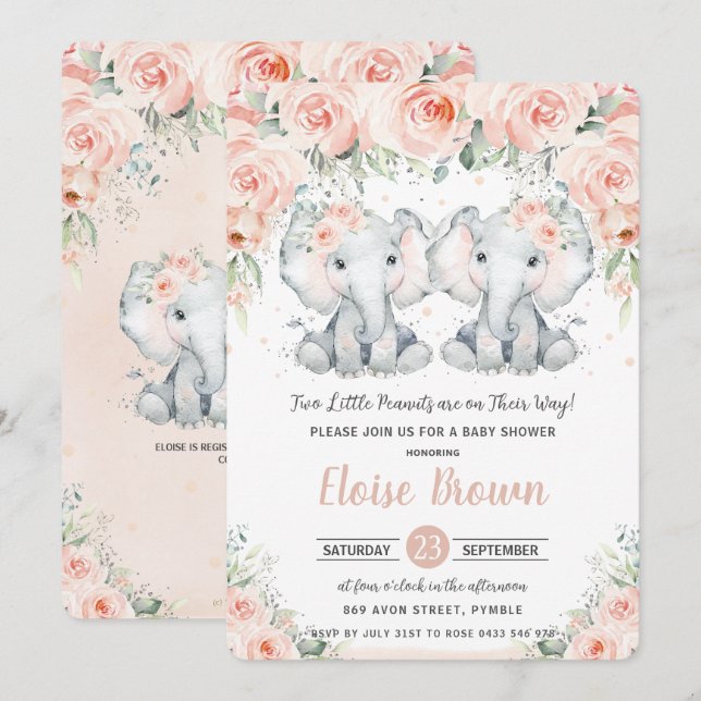 Pastel Blush Floral Elephant Twins Baby Shower Invitation (Front/Back)