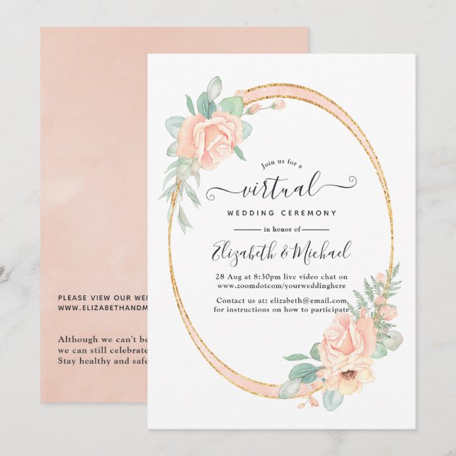 Pastel Blush Floral Geometric Virtual Wedding Invitation (Front/Back)