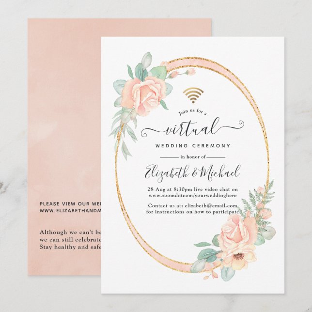 Pastel Blush Floral Geometric Virtual Wedding Invitation (Front/Back)