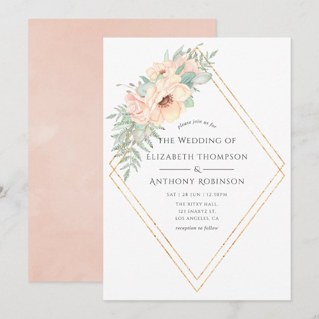 Pastel Blush Floral Geometric Wedding Invitation (Front/Back)