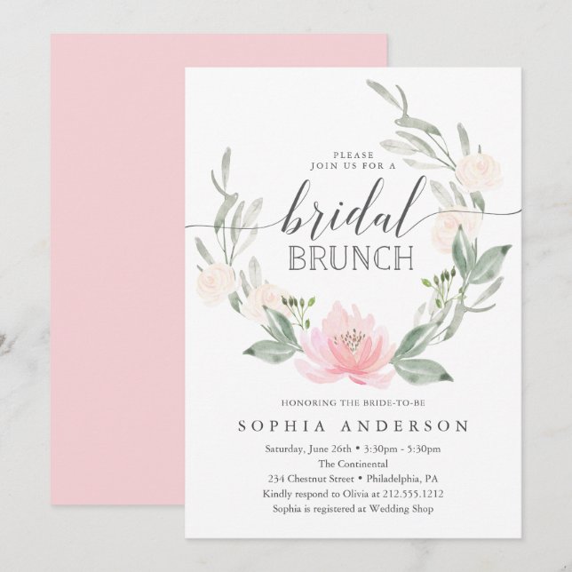 Pastel Blush Floral Greenery Bridal Brunch Invitation (Front/Back)