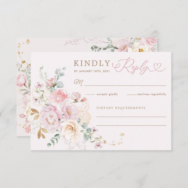 Pastel Blush Floral  Greenery Wedding RSVP Card (Front/Back)