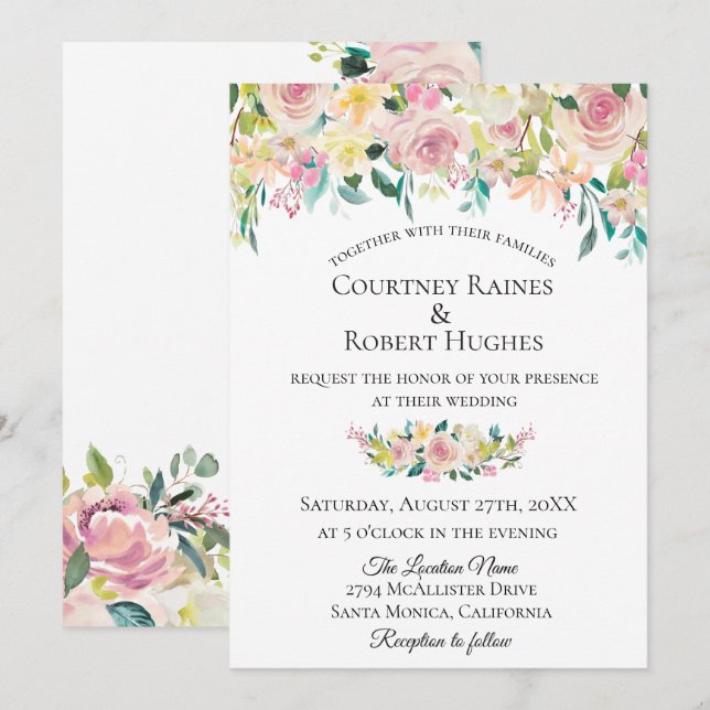 Pastel Blush Floral Wedding Invitation (Front/Back)