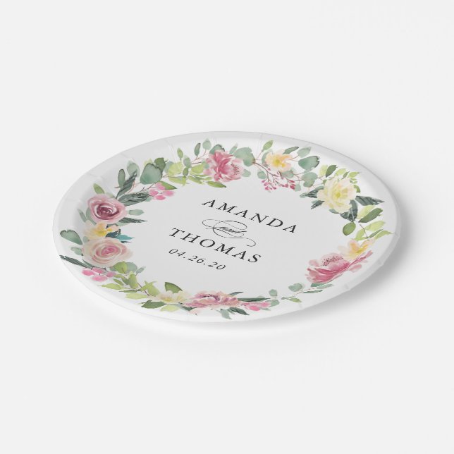 Pastel Blush Floral Wedding Paper Plates (Angled)