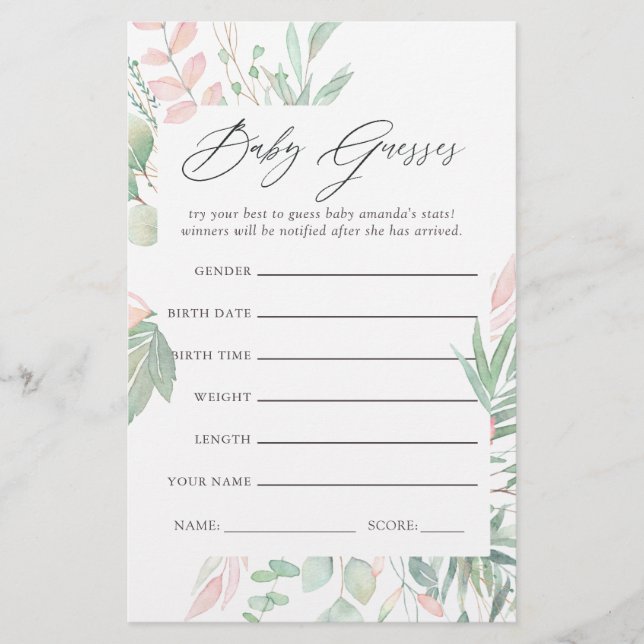 Pastel Blush Greenery Baby Shower Guessing Game (Front)