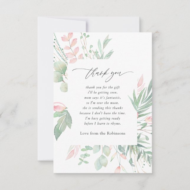Pastel Blush Greenery Baby Shower Thank You Card (Front)