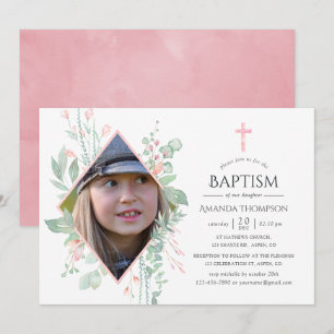 Pastel Blush Greenery Baptism or Christening Invitation