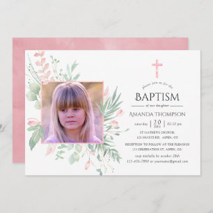 Pastel Blush Greenery Baptism or Christening Invitation