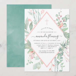 Pastel Blush Greenery Baptism or Christening Invitation