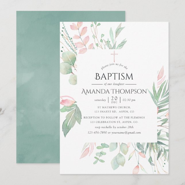 Pastel Blush Greenery Baptism or Christening Invitation (Front/Back)