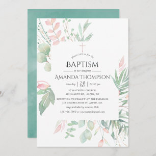 Pastel Blush Greenery Baptism or Christening Invitation