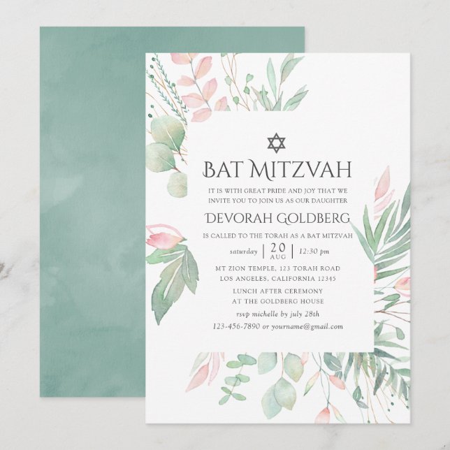 Pastel Blush Greenery Bat Mitzvah Invitation (Front/Back)