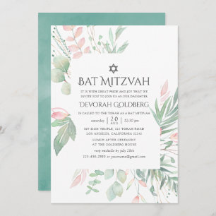 Pastel Blush Greenery Bat Mitzvah Invitation