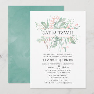 Pastel Blush Greenery Bat Mitzvah Invitation