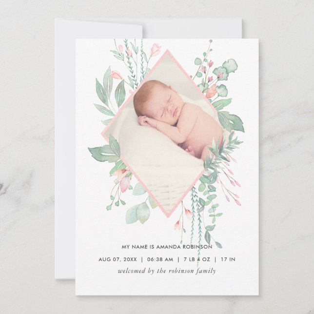 Pastel Blush Greenery Birth Announcement Card (Front)