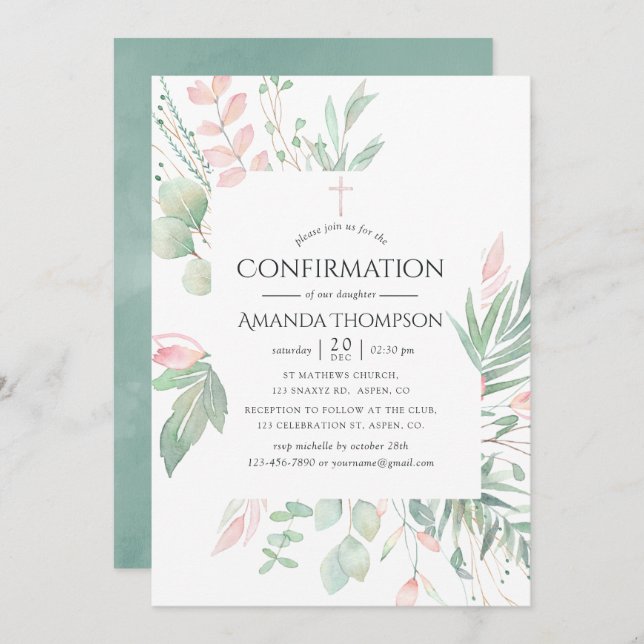 Pastel Blush Greenery Confirmation Invitation (Front/Back)