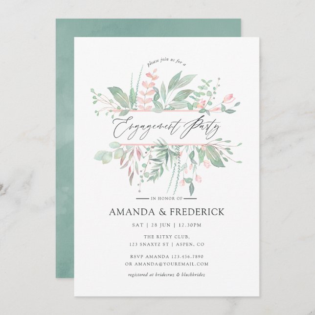 Pastel Blush Greenery Engagement Party Invitation (Front/Back)
