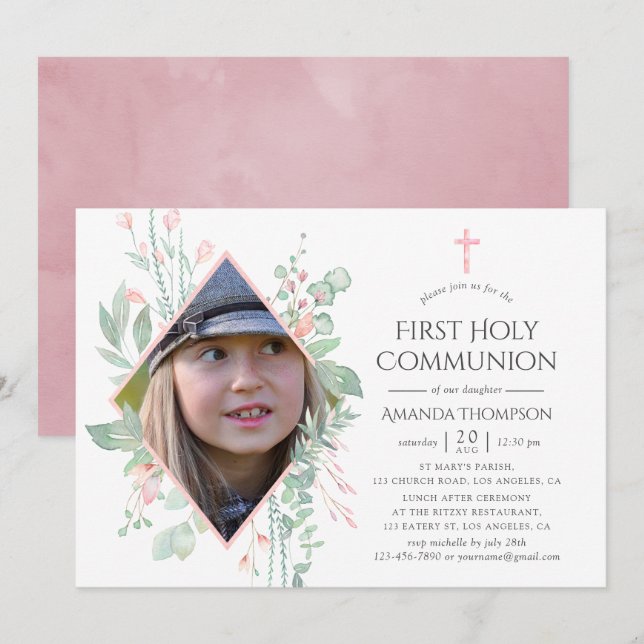 Pastel Blush Greenery First Holy Communion Invitation (Front/Back)