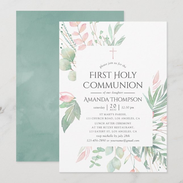 Pastel Blush Greenery First Holy Communion Invitation (Front/Back)