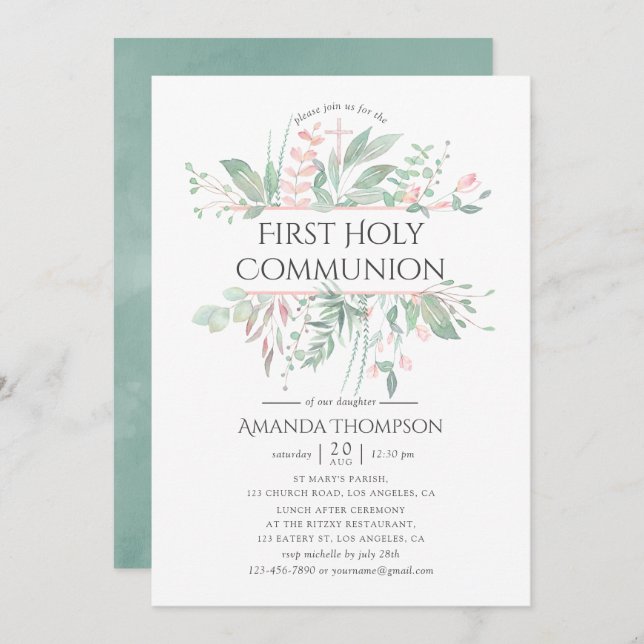 Pastel Blush Greenery First Holy Communion Invitation (Front/Back)
