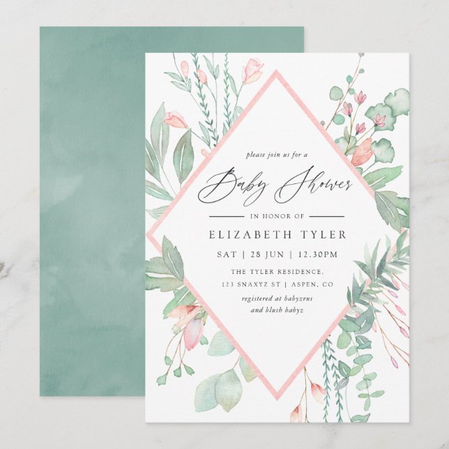 Pastel Blush Greenery Geometric Baby Shower Invitation (Front/Back)