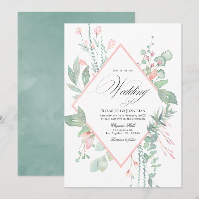 Pastel Blush Greenery Geometric Wedding Invitation (Front/Back)
