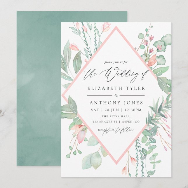 Pastel Blush Greenery Geometric Wedding Invitation (Front/Back)