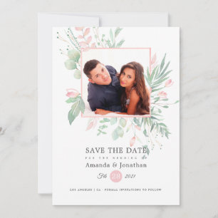 Pastel Blush Greenery Photo Wedding Save The Date