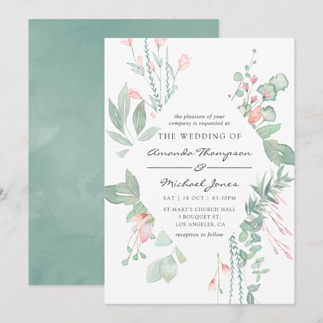 Pastel Blush Greenery Wedding Invitation (Front/Back)