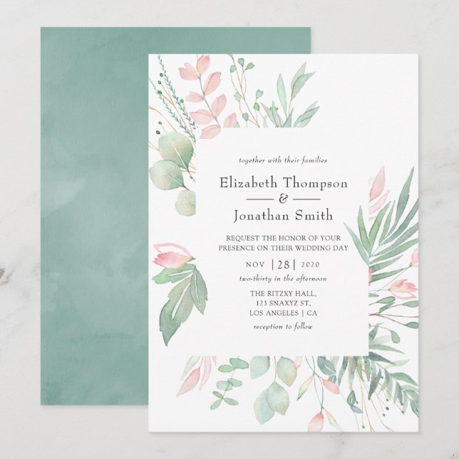 Pastel Blush Greenery Wedding Invitation (Front/Back)