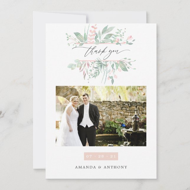 Pastel Blush Greenery Wedding Photo Thank You Card (Front)