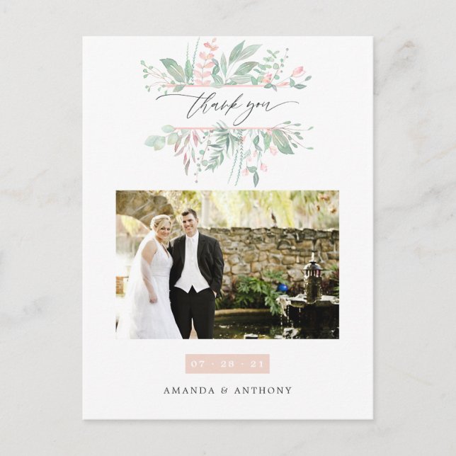 Pastel Blush Greenery Wedding Photo Thank You Postcard (Front)