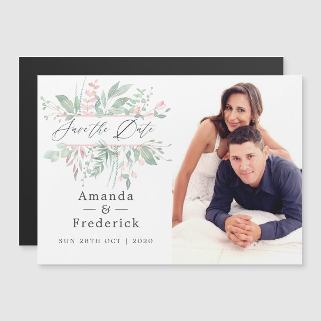 Pastel Blush Greenery Wedding Save the Date Magnetic Invitation (Front/Back)