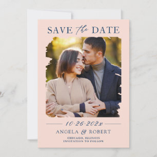 Pastel Blush Navy Brush Stroke Photo Frame Wedding Save The Date