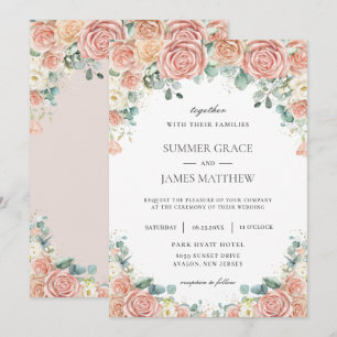 Pastel Blush Peach Ivory Floral Roses Wedding Invitation