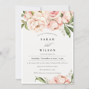 Pastel Blush Peach Peony Floral Engagement Invite